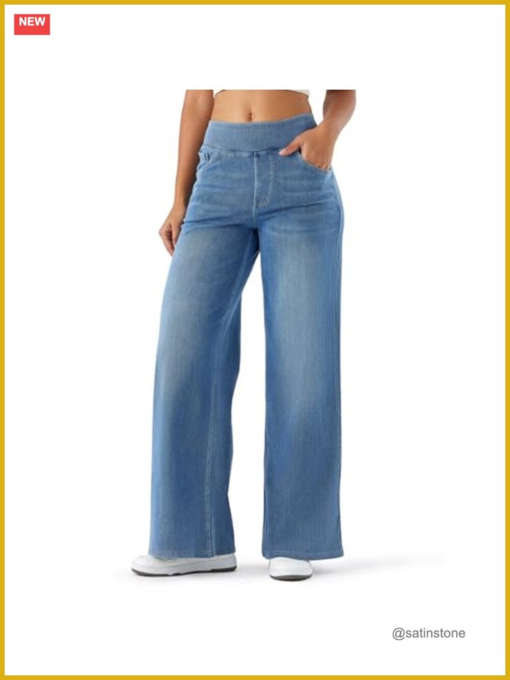High Waisted Wide Leg Jeans for Women - Stretchy Pull On with Elastic Waist